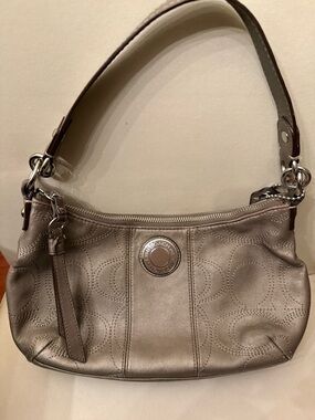 Coach Metallic Taupe Shoulder Bag with Signature Stitching